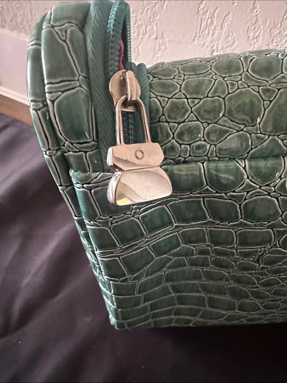 kathy ireland teal croc-embossed travel cosmetic case with metal logo